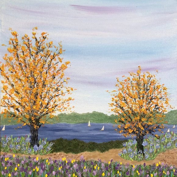 View from the Park Original Acrylic Painting, 8" x 8", Landscape, Trees, Lake